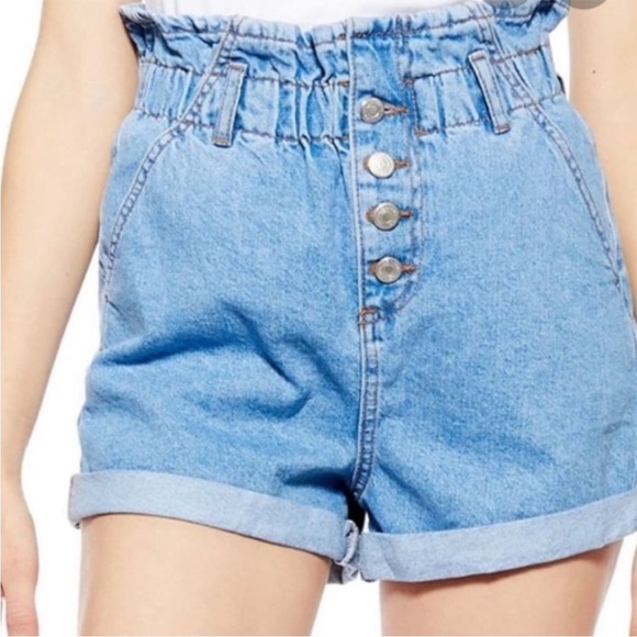 Topshop Paperbag Waist Button Fly Jean Shorts - Picture 11 of 11